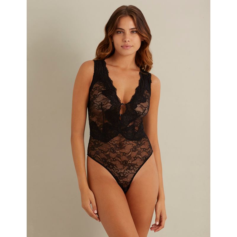 Sheer Sleeveless Black Stretch Lace Bodysuit - Yamamay