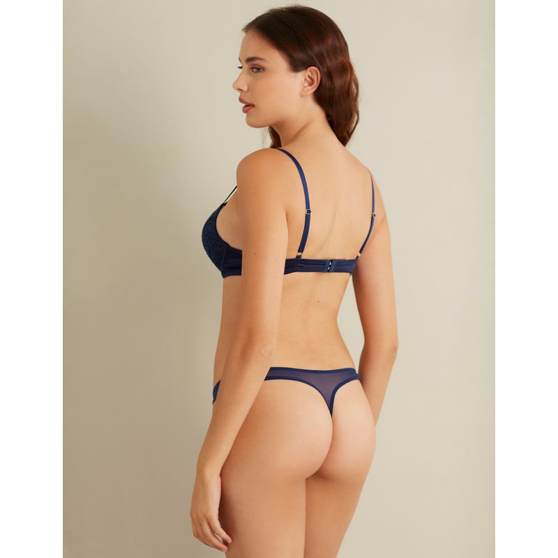 Secret Leaves dark blue satin lace and tulle thong - Yamamay