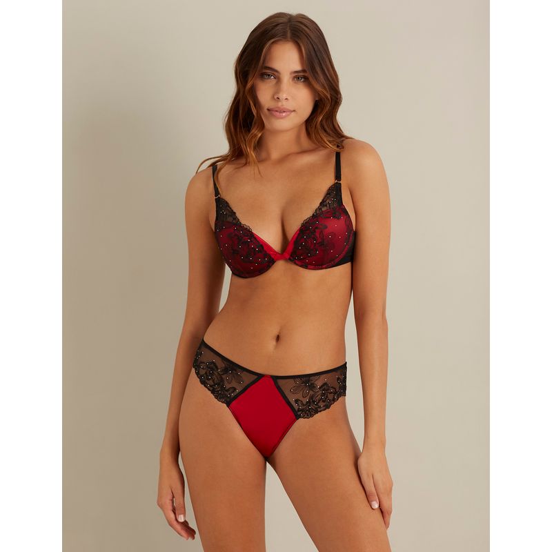 Red and black satin and tulle push-up bra with rhinestones Lucent - Yamamay