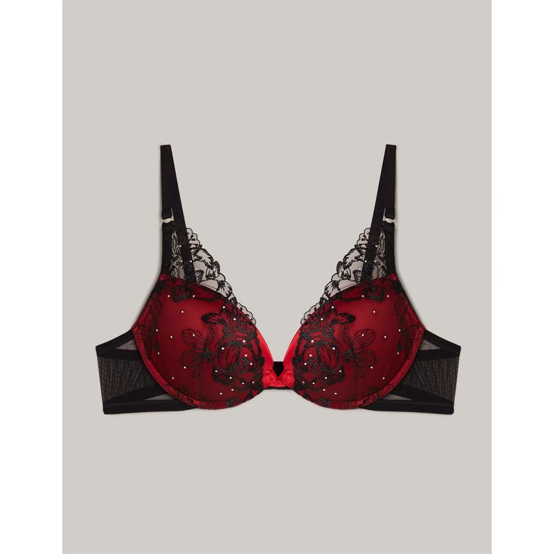 Red and black satin and tulle push-up bra with rhinestones Lucent - Yamamay
