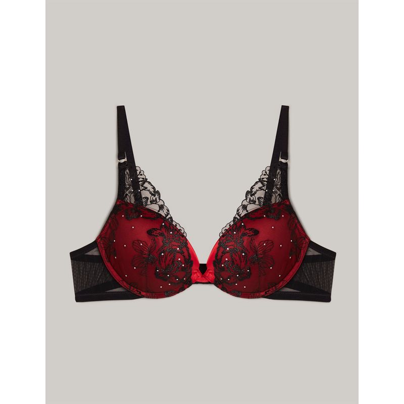 Red/fuchsia/black lace bra Push up - Depop