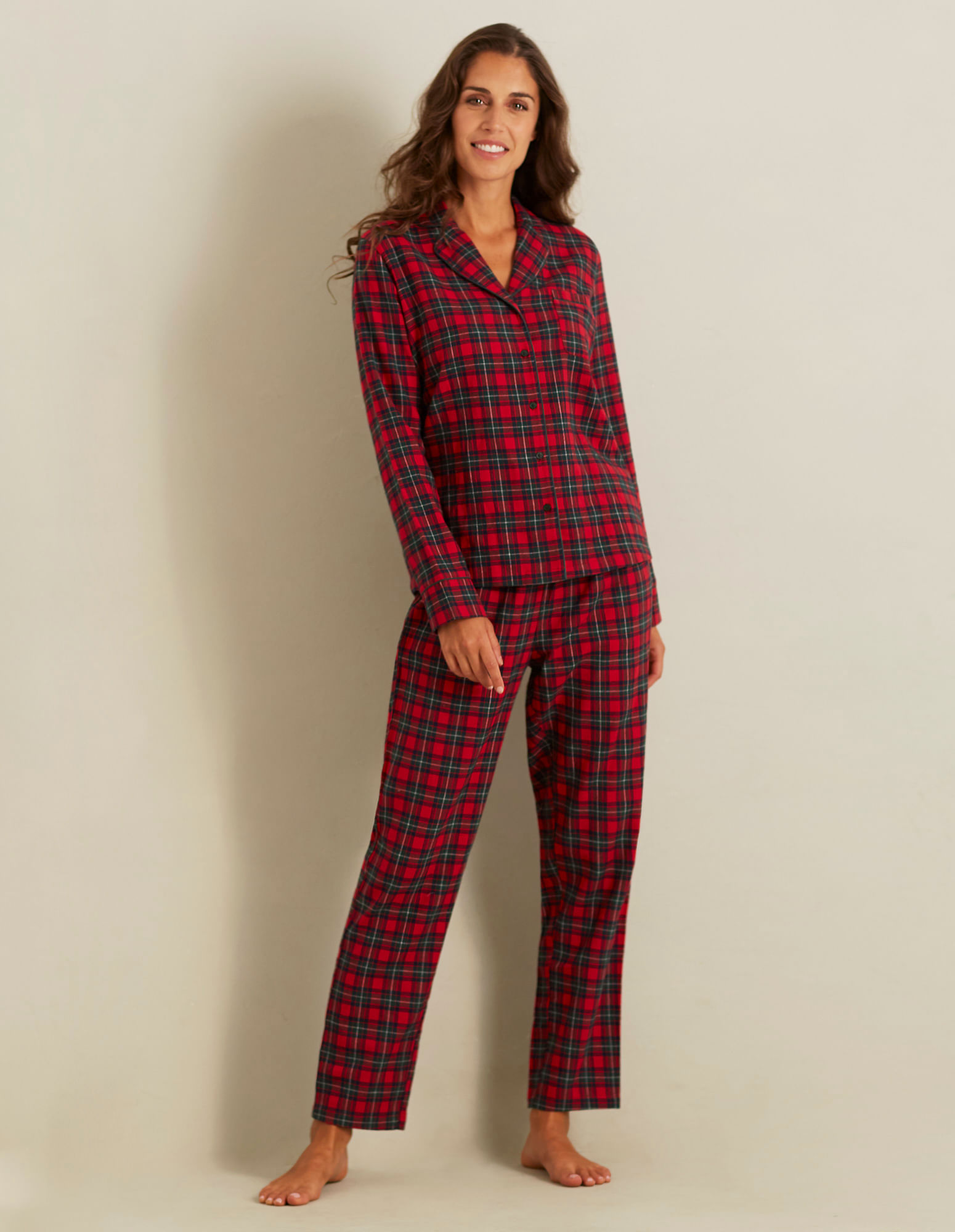 Women's Long Open Pajamas Red Flannel Tartan Family - Yamamay
