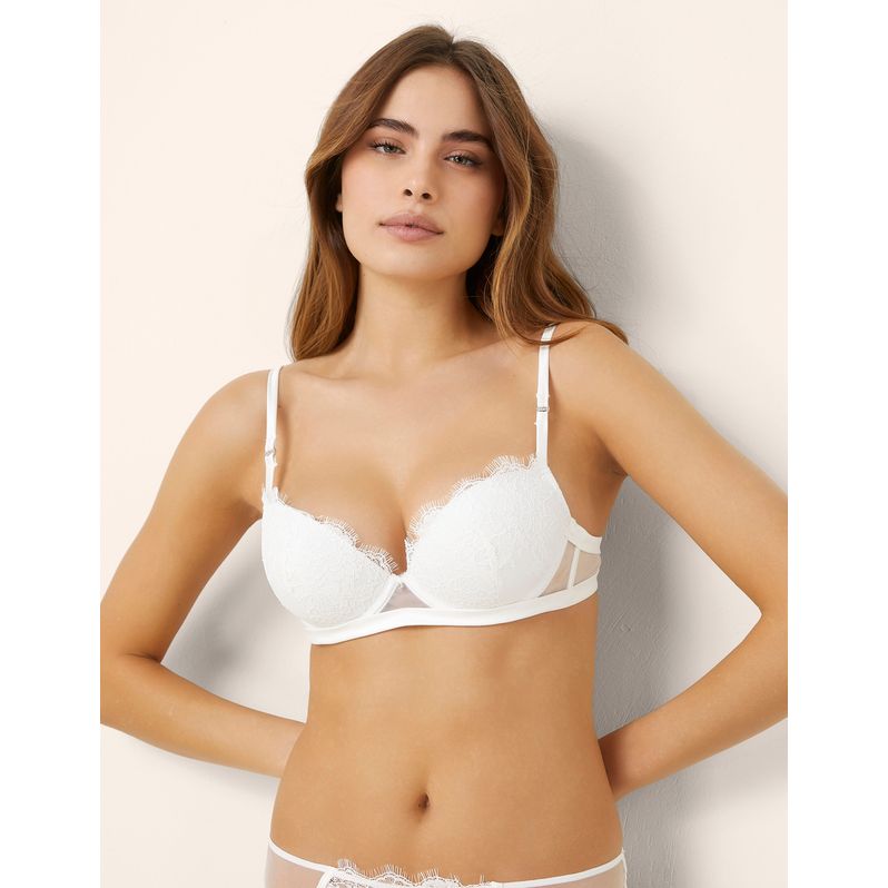 Sujetador push-up blanco con aros en encaje, tul y malla con detalles de satén Jasmine