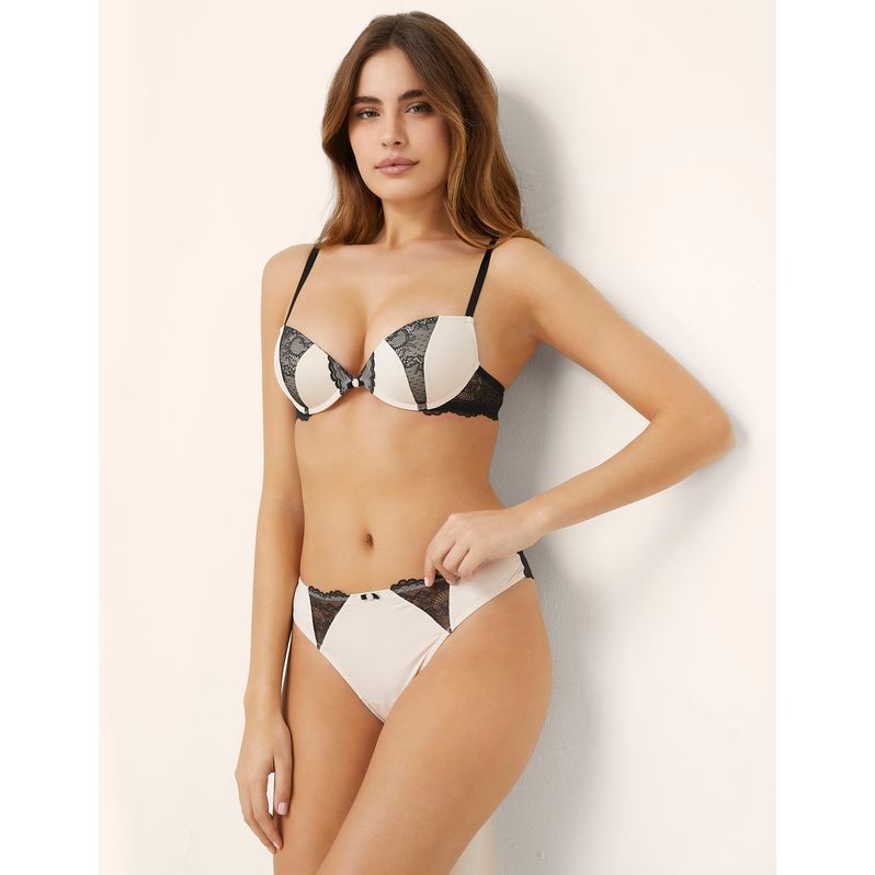 Powder pink and black Brazilian briefs in stretch microfiber and lace Camille