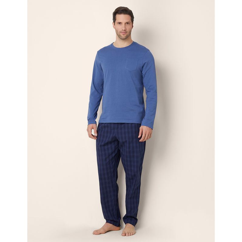 Long pajamas in blue and light blue cotton with chest pocket and trouser-pockets Daily Pajamas
