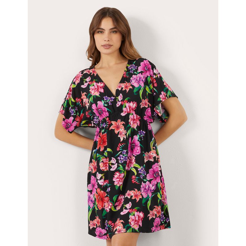 Short kaftan in viscose canvas with floral print Marianna