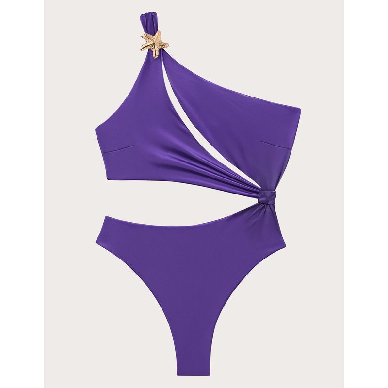 Women's purple charmeuse one-piece swimsuit with starfish