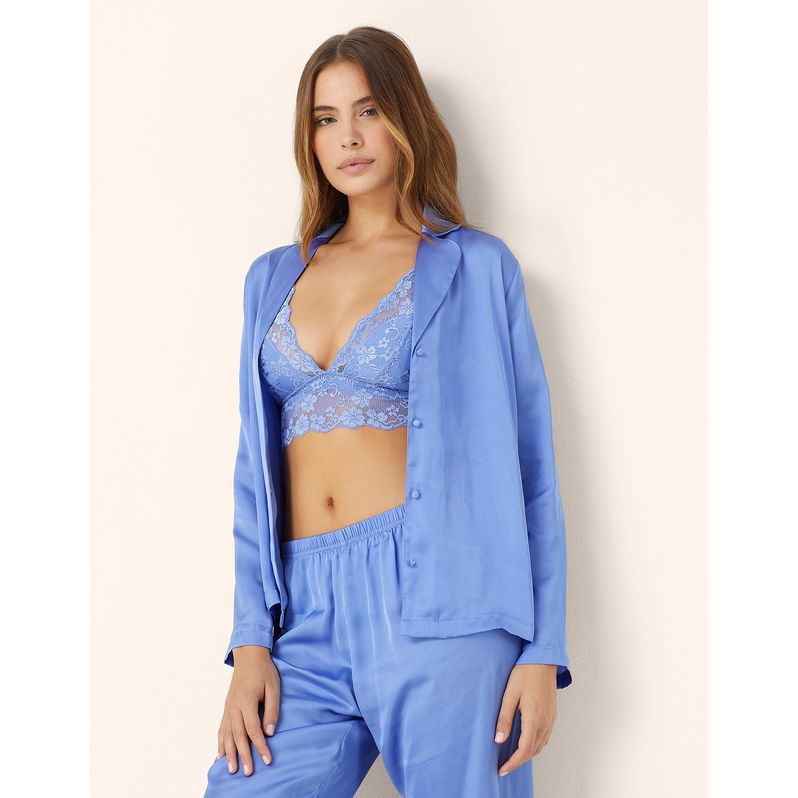 Long-sleeved satin shirt-style jacket in indigo blue Primula Color