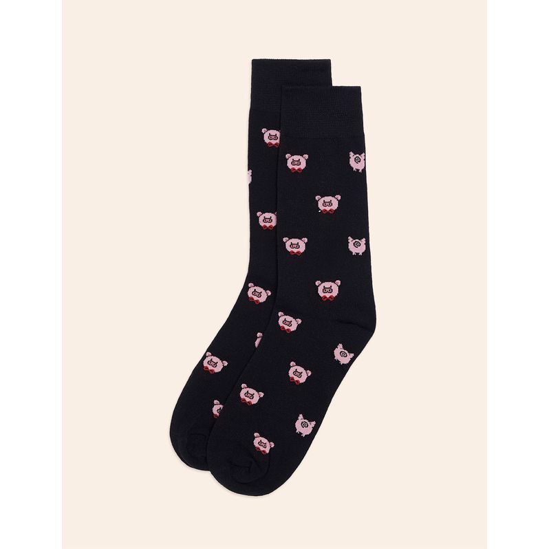 Chaussettes courtes taille unique noires imprimé petits cochons avec nœud papillon Amour Toujours