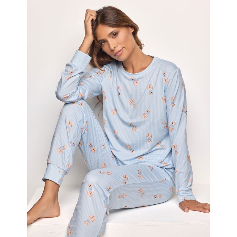 Langer Pyjama in Blau mit Streifen und Pudeln Cuteness