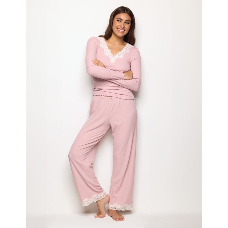 Lange bestickte Hose Basic Modal/Cotton Rib