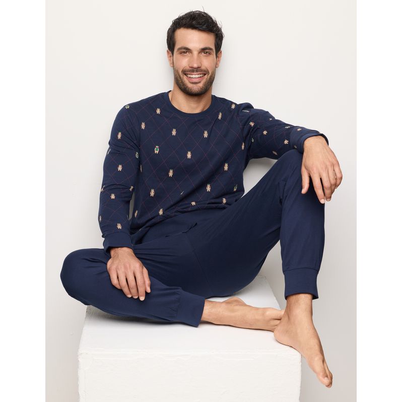 Men's long pajamas in cotton jersey with teddy bear print from Funny