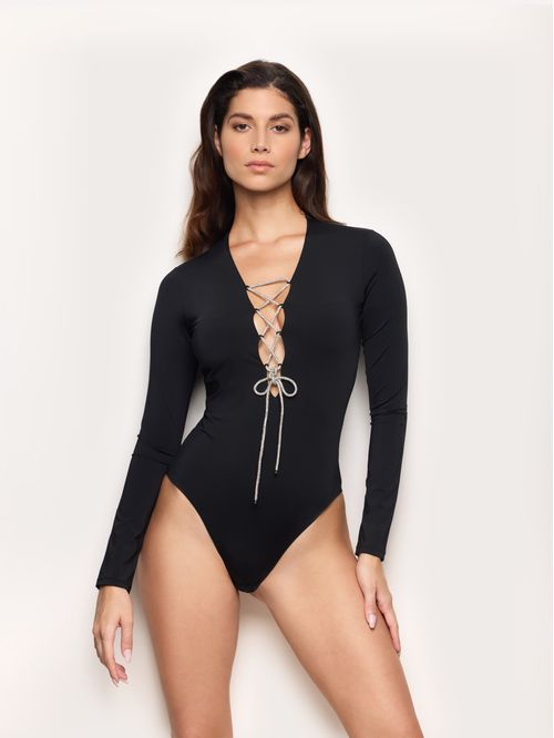V-Neck Jersey Bodysuit with Rhinestones – The Body Collection