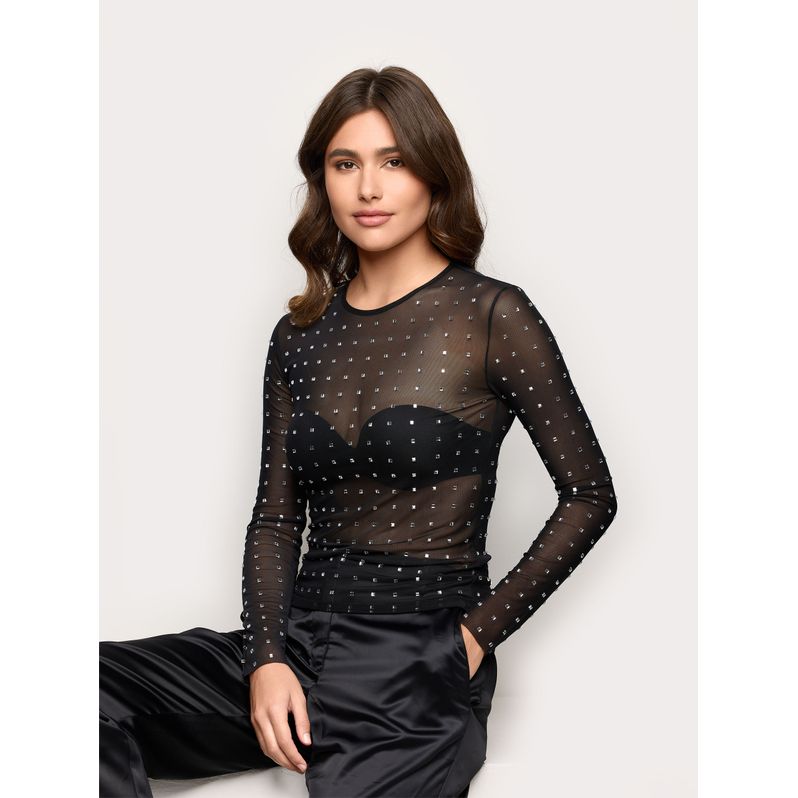 Maglia in tulle trasparente con applicazioni in strass Xmas Party