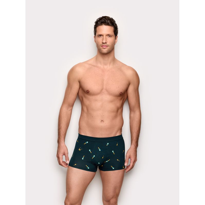 Green boxer shorts with bottles and glasses Hello Xmas