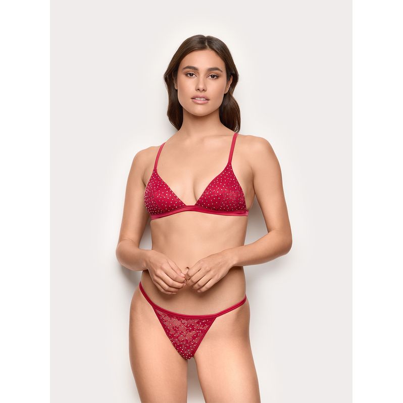 Hola, conjunto de sujetador triángulo y tanga de satén de satén y encaje de Navidad