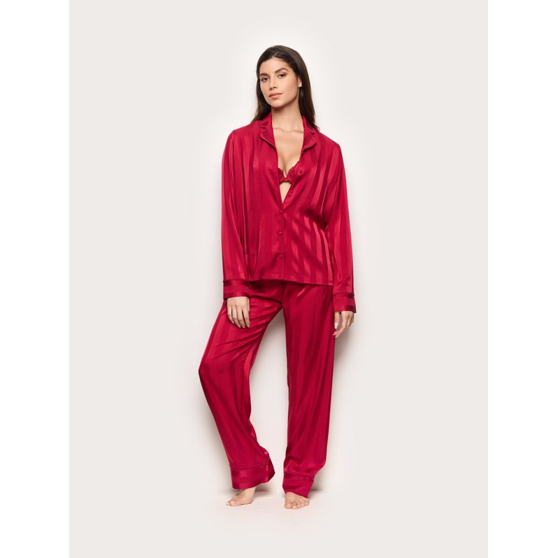 Weihnachten, fröhliche rote Jacquard-Satin, lange offene Schlafanzüge